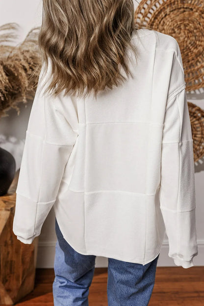 White Solid Color Patchwork Drop Shoulder Baggy Sweatshirt - Chic Meadow Boutique 