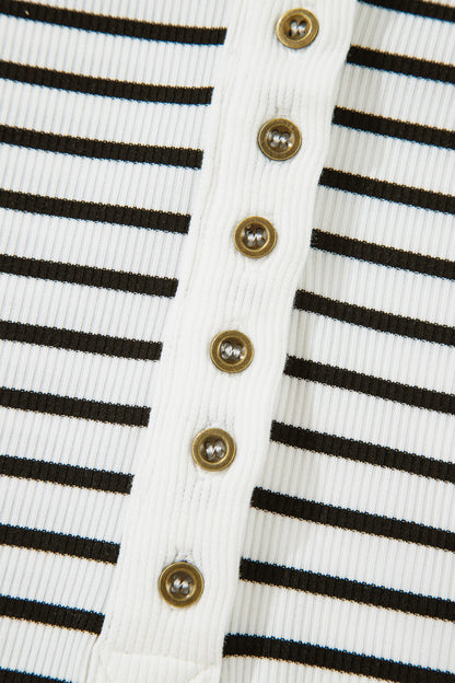 Black Stripe Ribbed Knit Half Button Long Sleeve Slim Top
