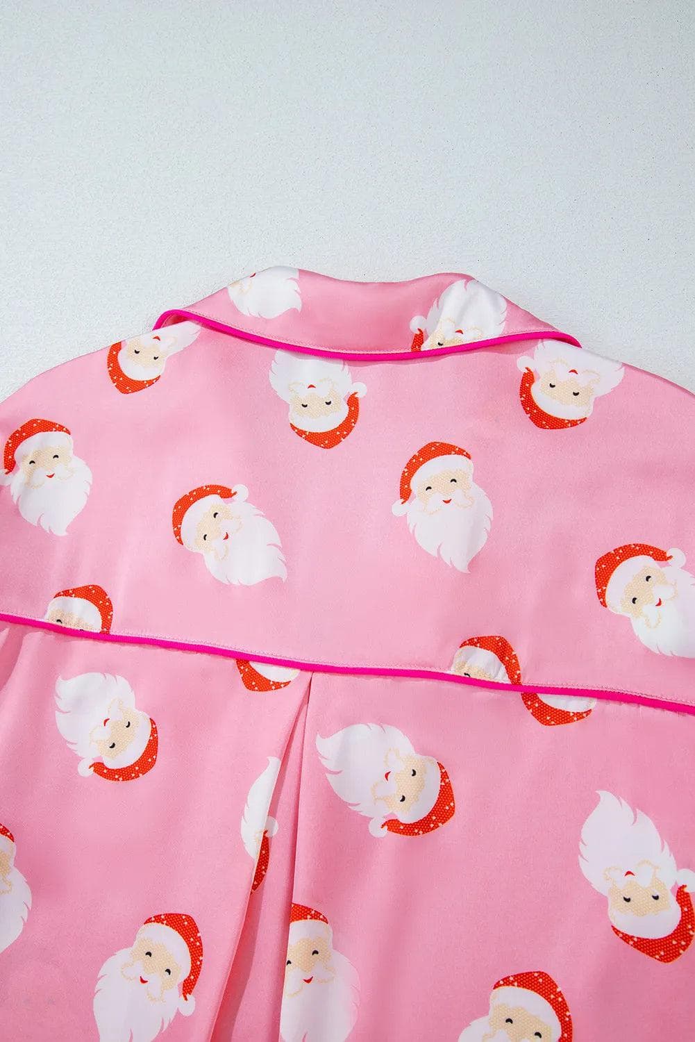 Loungewear & Sleepwear/Sleepwear Pink Christmas Santa Claus Print Satin Shirt and Shorts Set