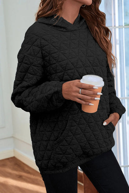 Black Solid Color Quilted Kangaroo Pocket Hoodie - Chic Meadow Boutique 