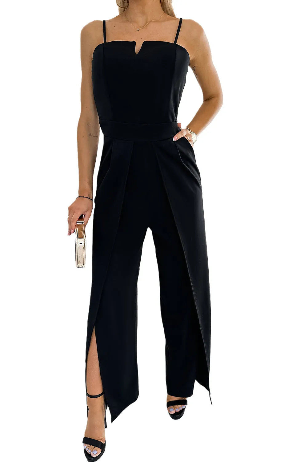 Black Spaghetti Straps Slit Leg Jumpsuit with Pockets - Chic Meadow Boutique 