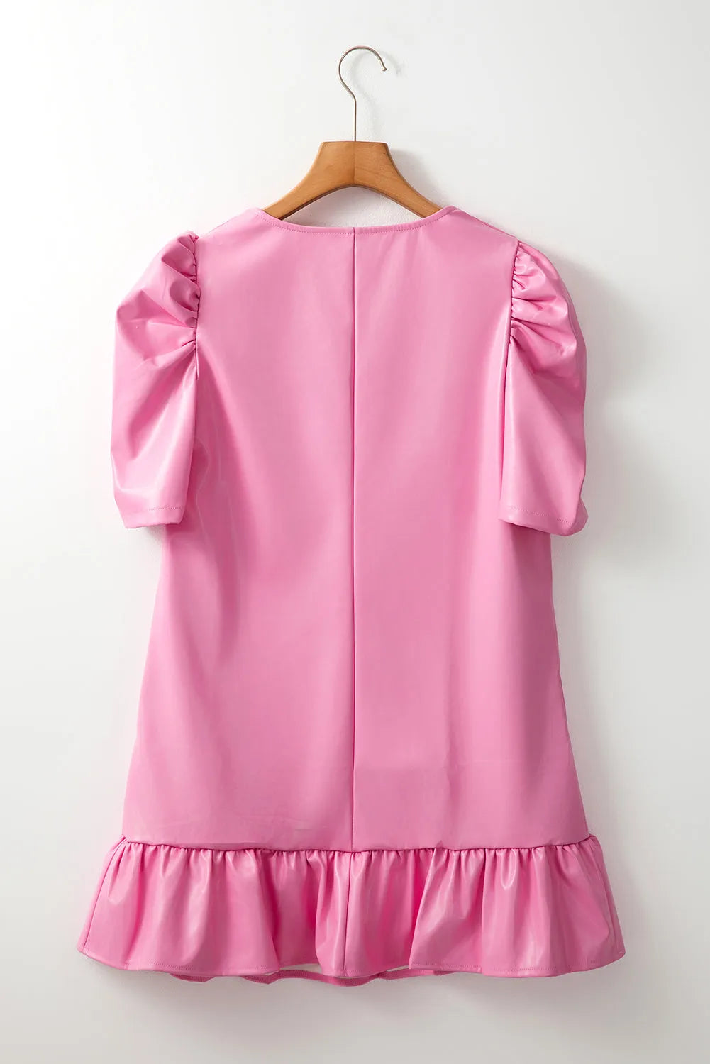 Sachet Pink Pleather Bubble Short Sleeve V Neck Ruffled Hem Mini Dress - Chic Meadow Boutique 