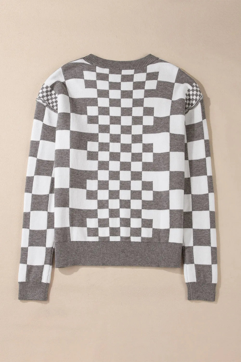 Gray Checkered Print Drop Shoulder Round Neck Sweater - Chic Meadow Boutique 