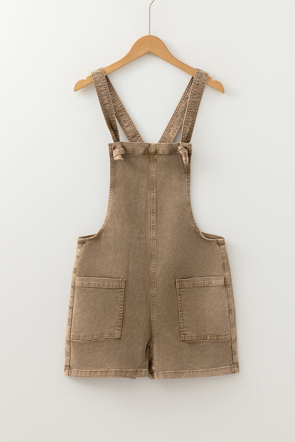 Light French Beige Solid Color Knot Straps Denim Romper with Pockets