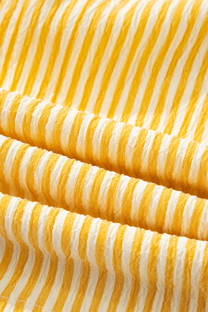 Yellow Stripe Shoulder Tie Smocked Back Wide Leg Casual Romper