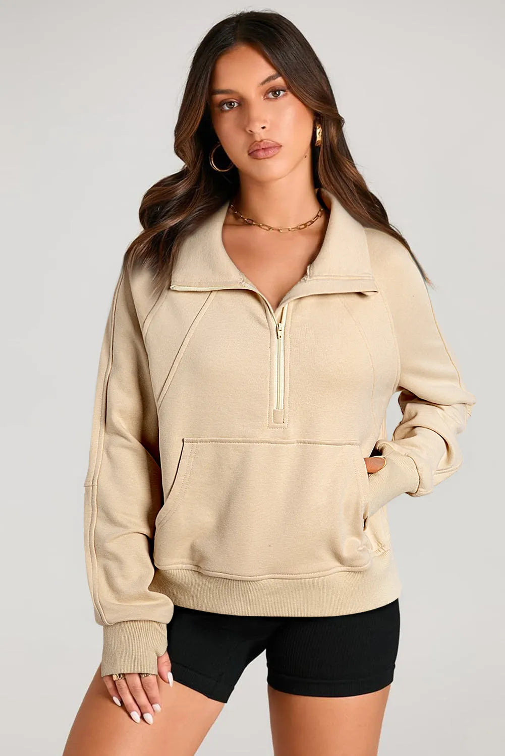 Parchment Quarter Zip Stand Neck Kangaroo Pocket Sweatshirt - Chic Meadow Boutique 