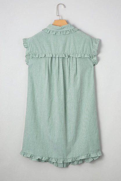 Green Stripe Frilled Sleeveless Collar Front Pocket Button Up Mini Dress