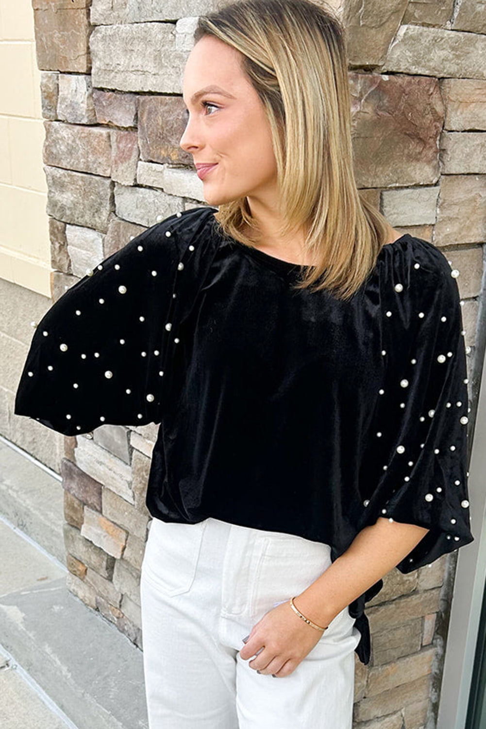 Black Pearl Beaded Half Sleeve Velvet Top