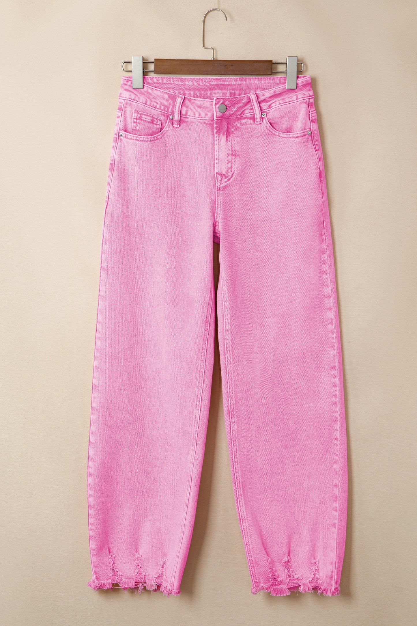 Pink Acid Wash High Waist Uneven Raw Hem Shift Jeans
