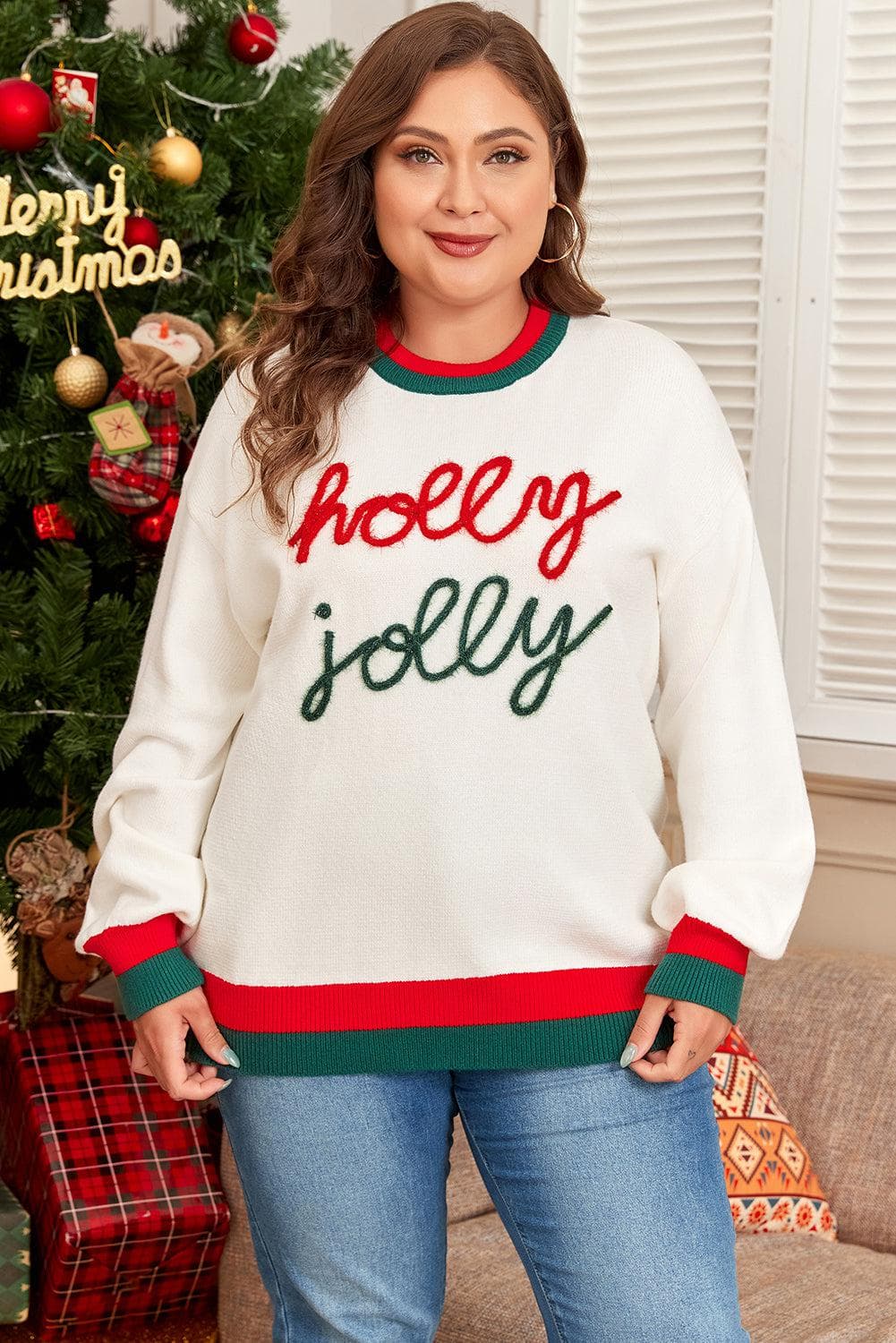 Plus Size/Plus Size Sweaters & Cardigans White Tinsel holly jolly Pattern Colorblock Edge Drop Shoulder Plus Size Sweater