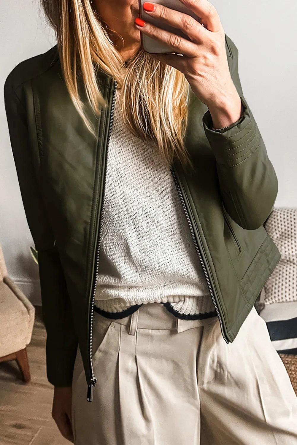 Sage Green Solid Faux Leather Zipper Slim Fit Bomber Jacket - Chic Meadow Boutique 