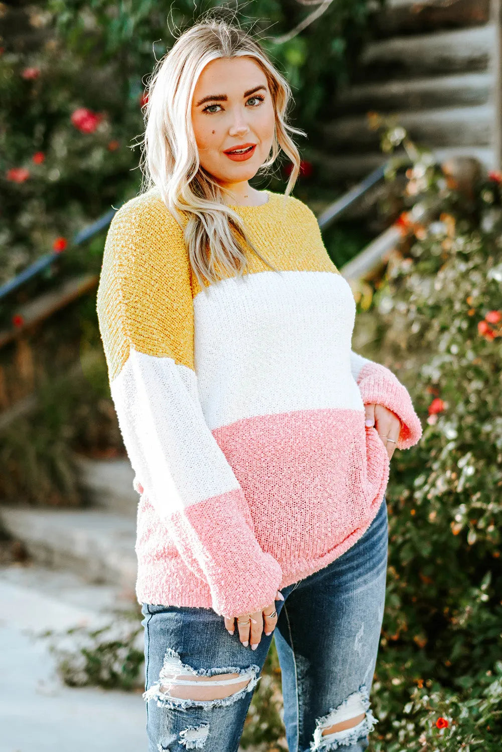 Yellow Colorblock Bubble Sleeve Plus Size Sweater - Chic Meadow Boutique 