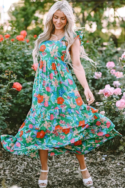 Dresses/Floral Dresses Green Floral Print Sleeveless Ruffle Tiered Maxi Dress