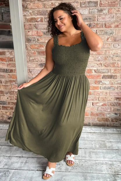 Plus Size/Plus Size Dresses/Plus Size Maxi Dresses Jungle Green Shirred Bust Sleeveless Plus Size Maxi Dress