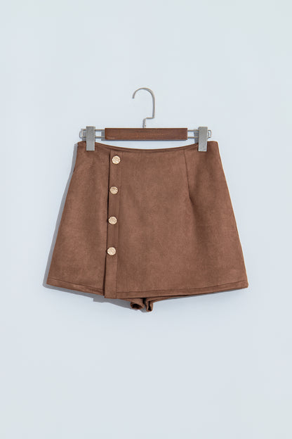 Dark Khaki Gold Button Asymmetric Wrapped Detail Mini Skirt