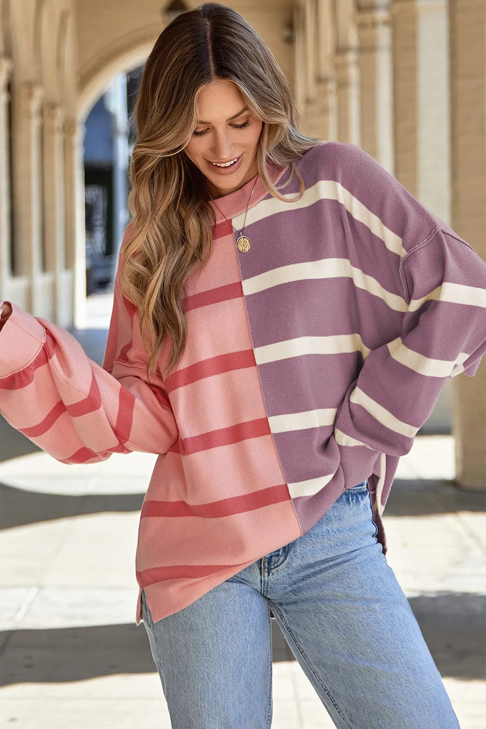 Pink Stripe Colorblock Oversized Sweater - Chic Meadow Boutique 