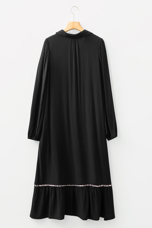 Black Collared V Neck Smocked Detail Contrast Leopard Trim Bracelet Sleeve Long Dress