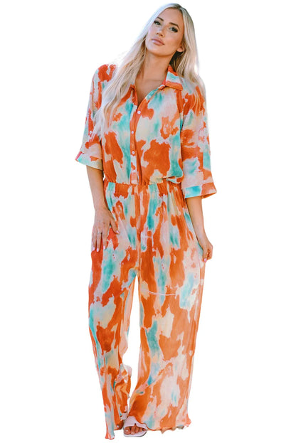 Multicolor Bohemian Tie Dye Pleated Shirt Collar Loose Jumpsuit - Chic Meadow Boutique 