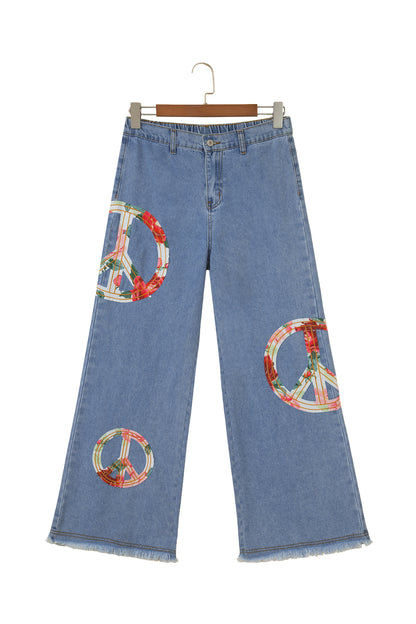 Myosotis Floral Peace Sign Embroidered Patch Wide Leg Jeans