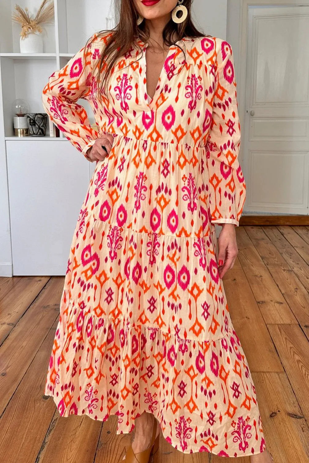 Orange Western Abstract Geometric Printed Maxi Dress - Chic Meadow Boutique 