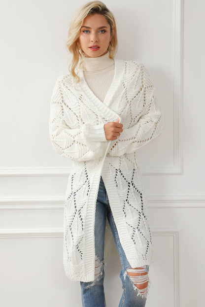 White Rhombus Hollowed Knit Open Front Cardigan - Chic Meadow Boutique 