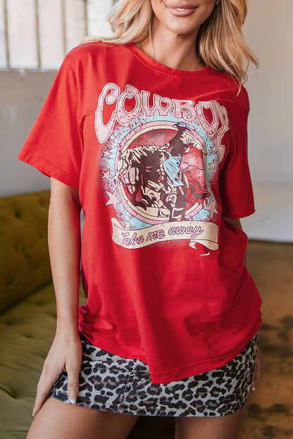 Tomato Red COWBOY Take Me Away Graphic Western Loose Tee