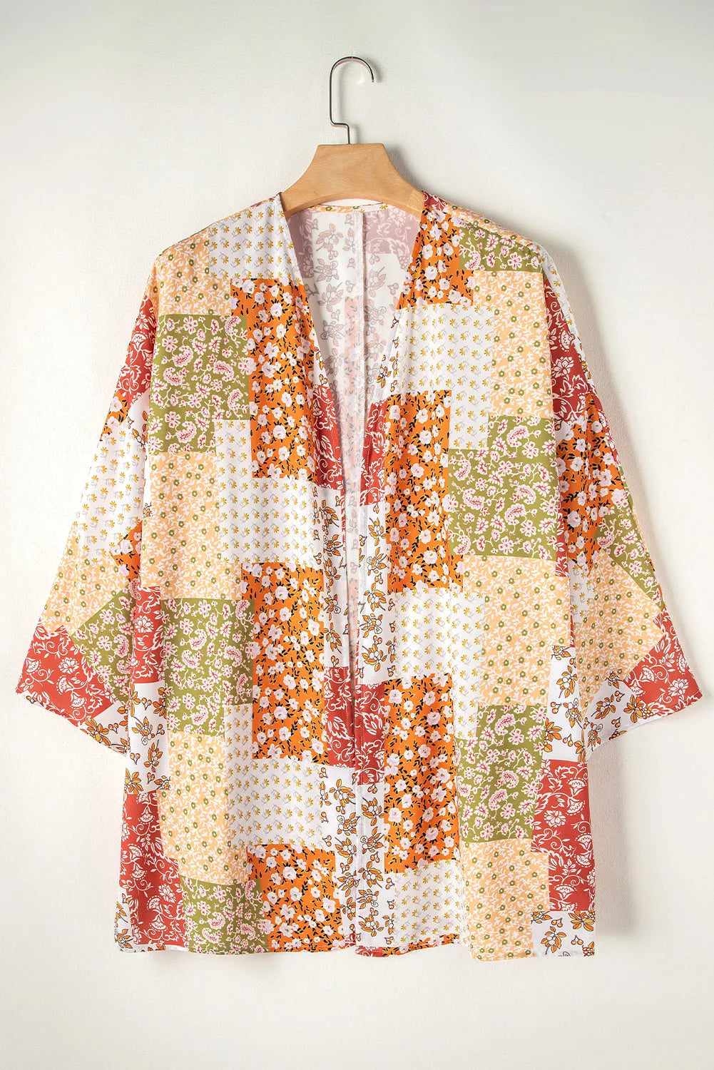 White Boho Patchwork Floral Open Front Kimono - Chic Meadow Boutique 