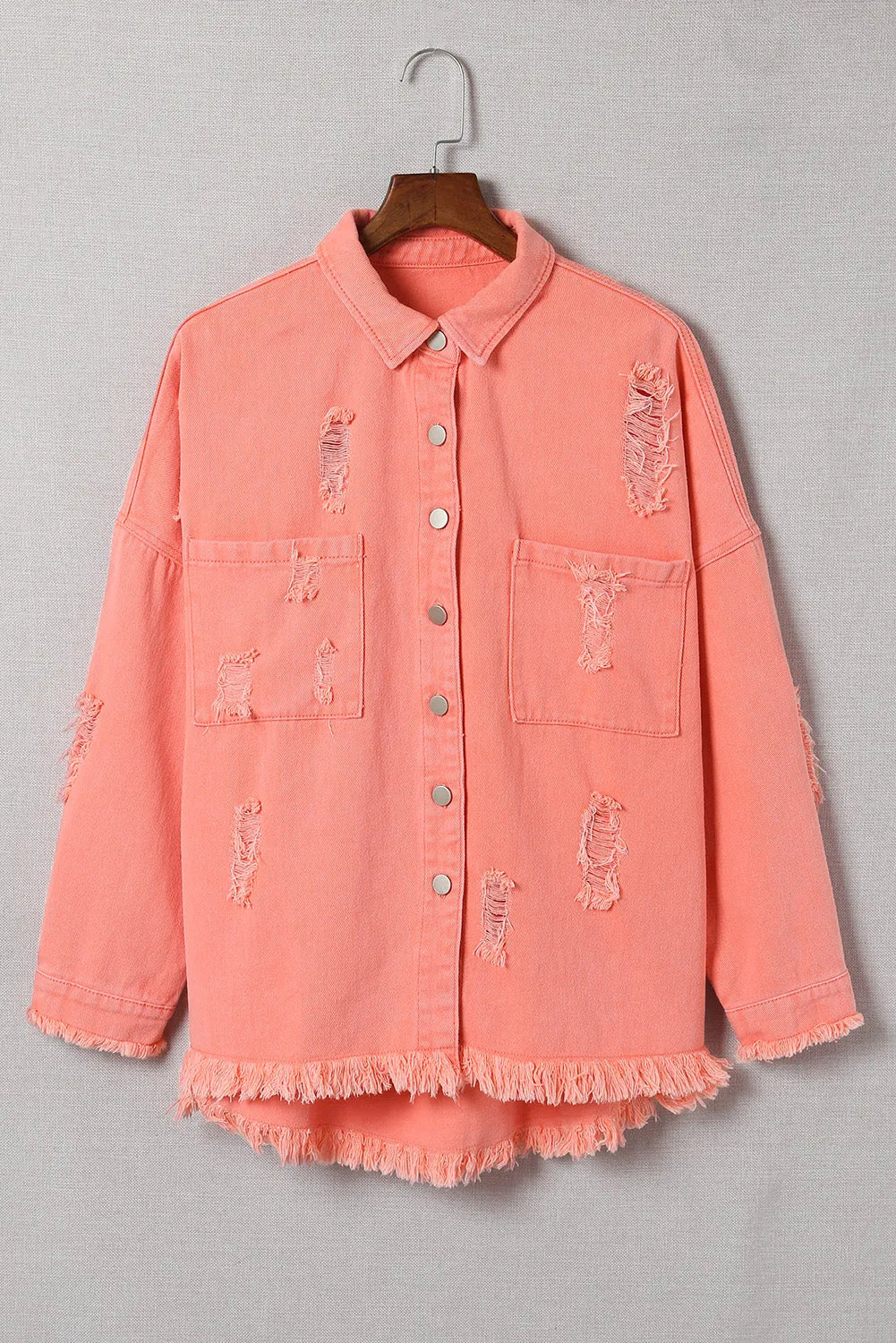 Orange Distressed Fringe Trim Denim Jacket - Chic Meadow Boutique 