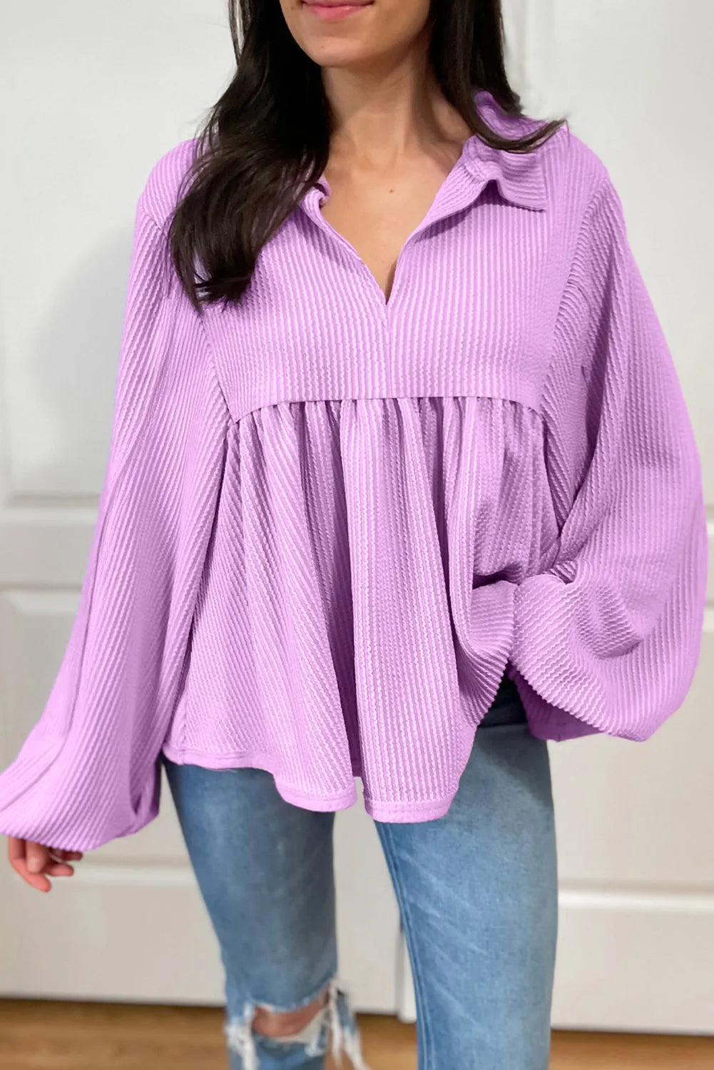 Phalaenopsis Corded Turn-down V Neck Bubble Sleeve Babydoll Blouse - Chic Meadow Boutique 