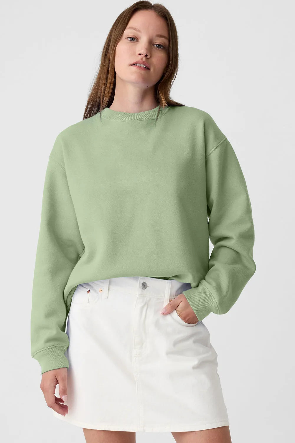 Smoke Green Plain Drop Shoulder Crewneck Pullover Sweatshirt - Chic Meadow Boutique 