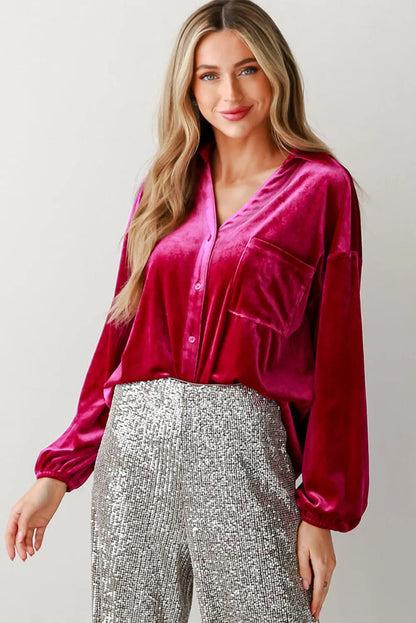 Pitaya Pink Buttoned V Neck Chest Pocket Velvet Shirt - Chic Meadow Boutique 