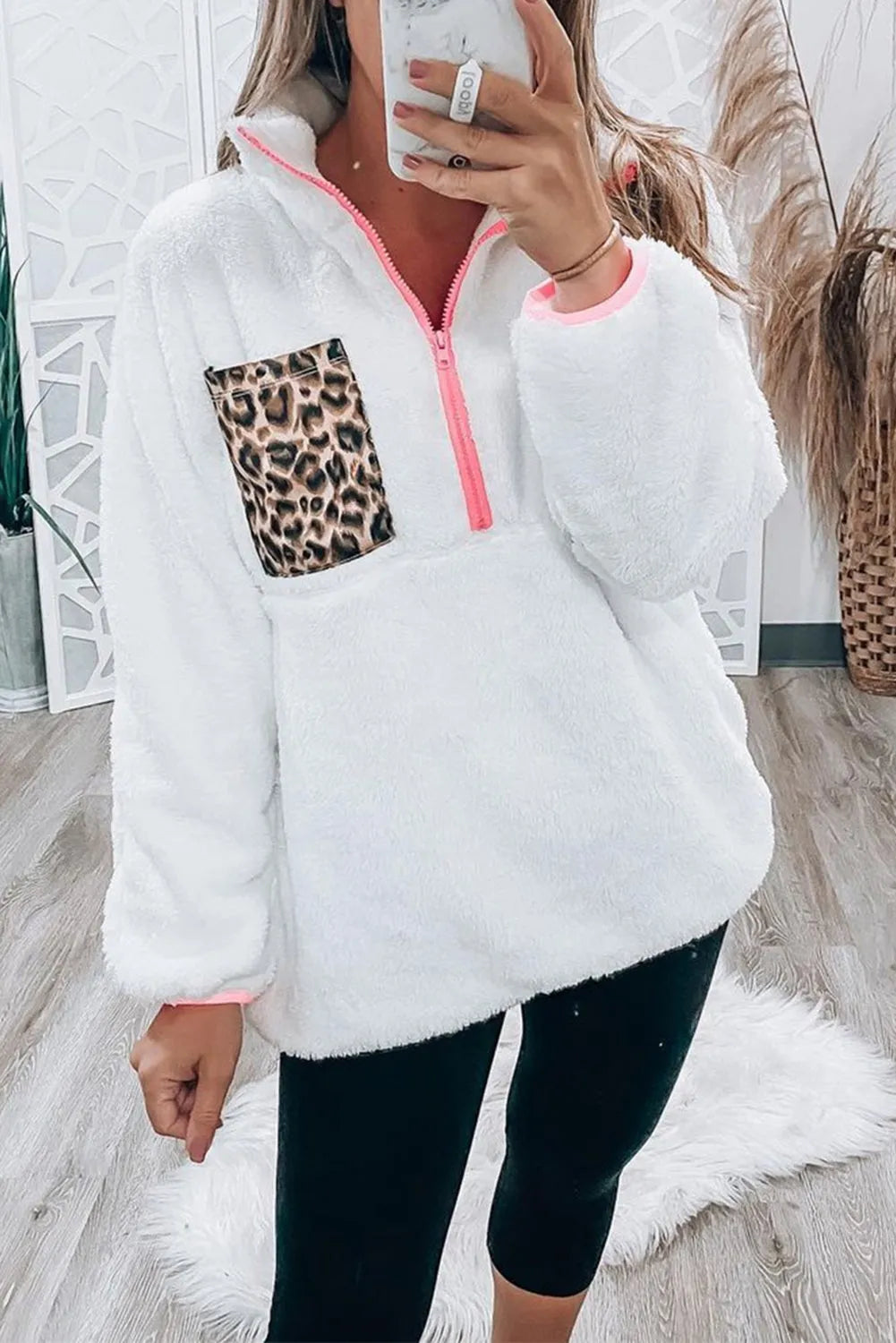 White Leopard Patch Pocket Half Zipped Fleece Sweatshirt - Chic Meadow Boutique 