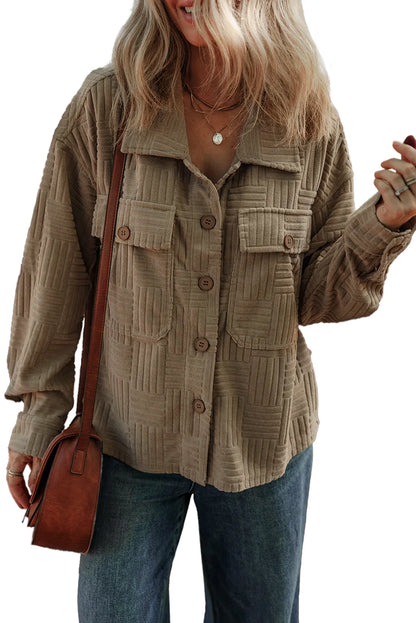 Dark Khaki Textured Chest Pocket Button-up Shacket - Chic Meadow Boutique 