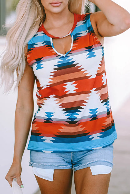 Fiery Red Aztec Geometric Print Hollowed Neckline Tank Top - Chic Meadow Boutique 