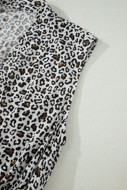 Beige Leopard Zip Front V Neck Cinched Waist Sleeveless Maxi Dress