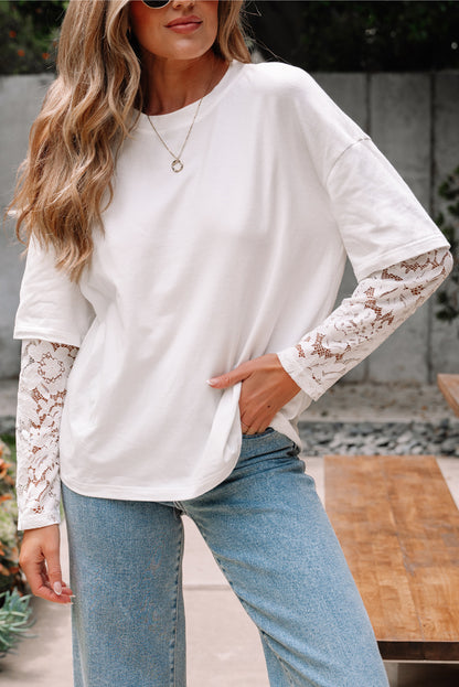 White Lace Long Sleeve Insert Drop Shoulder Tee