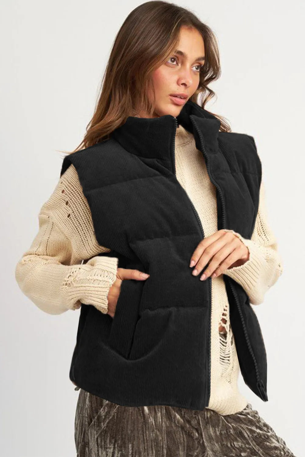 Black Corduroy Stand Neck Zipped Puffer Vest - Chic Meadow Boutique 