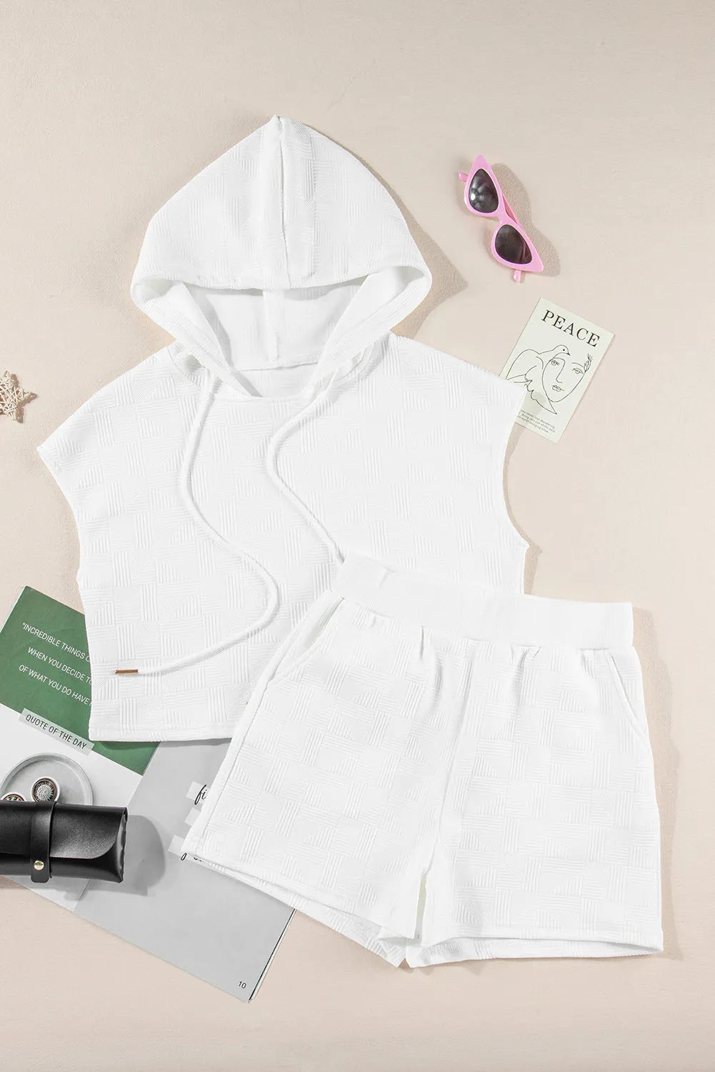 White Textured Cropped Hoodie and Shorts Set - Chic Meadow Boutique 