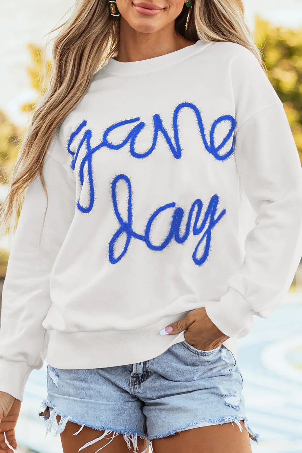 White Tinsel Game Day Drop Shoulder Graphic Sweatshirt - Chic Meadow Boutique 