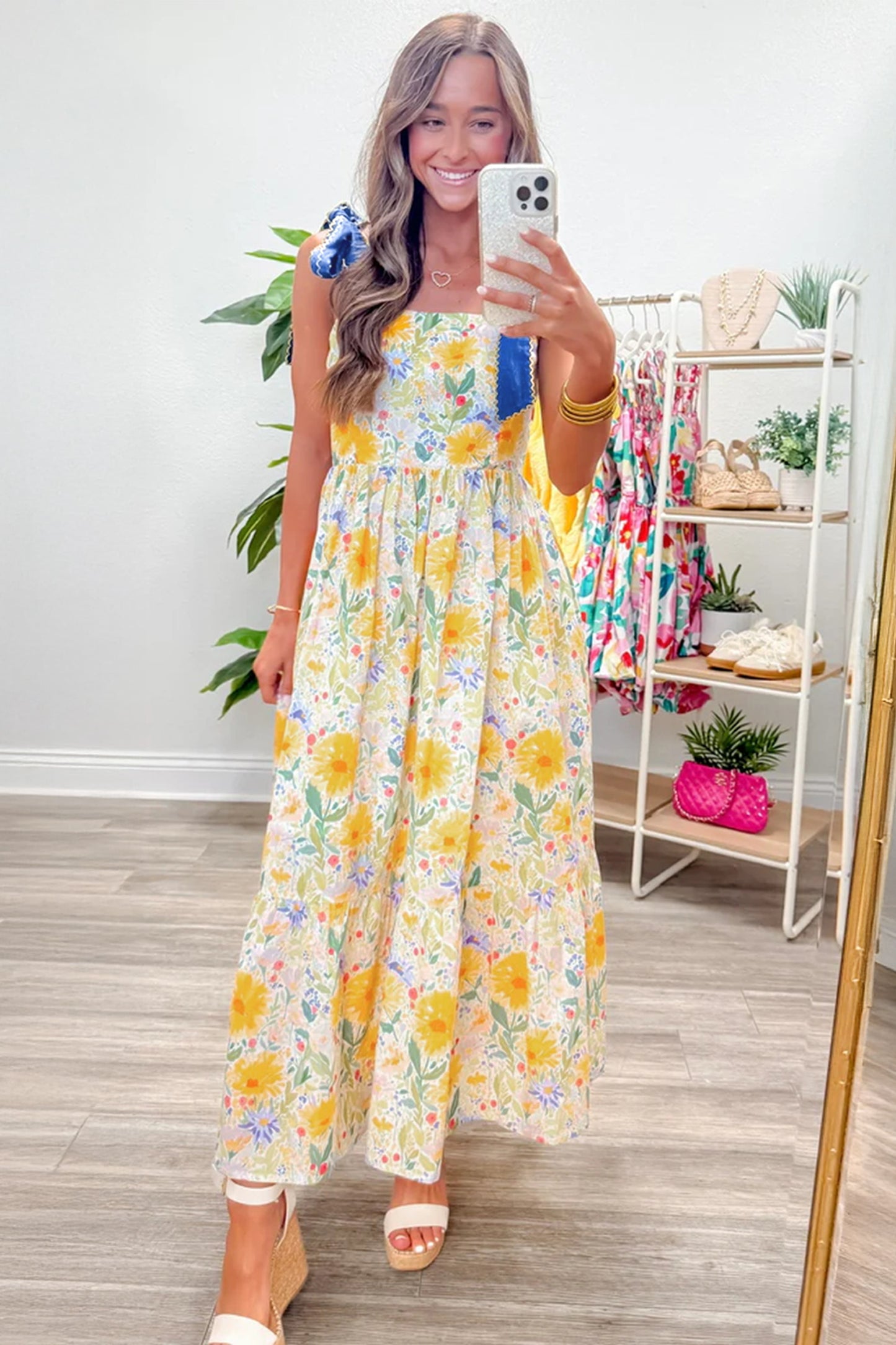 Yellow Floral Print Contrast Stitched Knot Denim Straps High Waist Dress