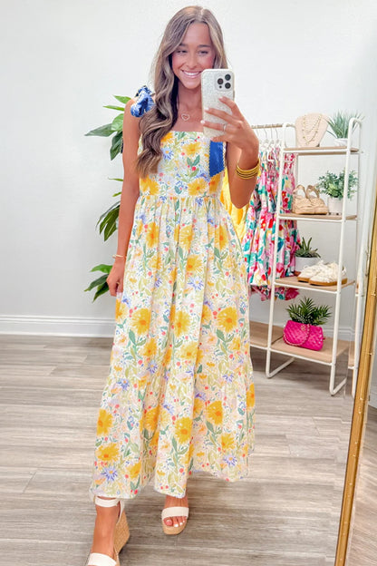 Yellow Floral Print Contrast Stitched Knot Denim Straps High Waist Dress