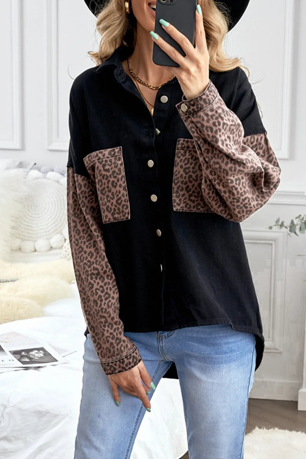 Black Contrast Leopard Denim Jacket - Chic Meadow Boutique 