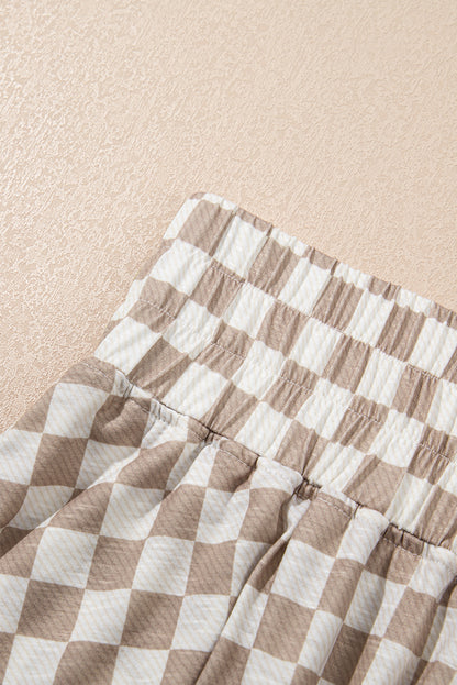 Brown Checkerboard T Shirt and High Waist Skorts 2 Piece Outfit