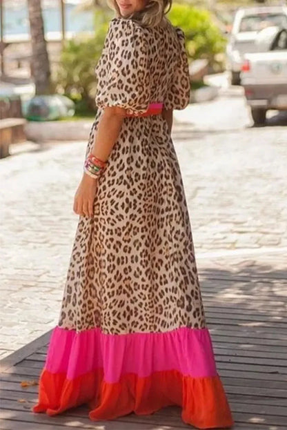 Bright Pink Leopard Colorblock Patchwork Bubble Sleeve Maxi Dress - Chic Meadow Boutique 