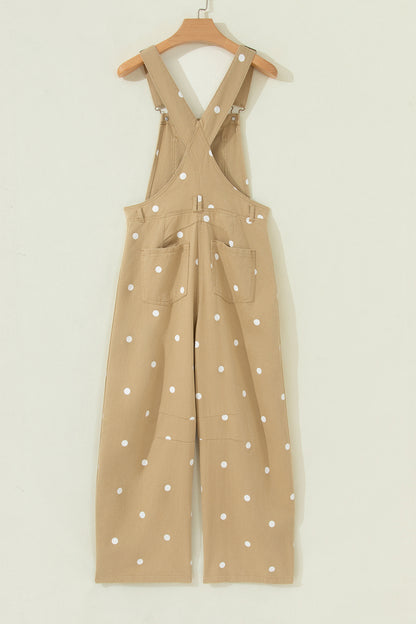 Light French Beige Polka Dot Print Bib Pocket Denim Barrel Overalls Jumpsuit