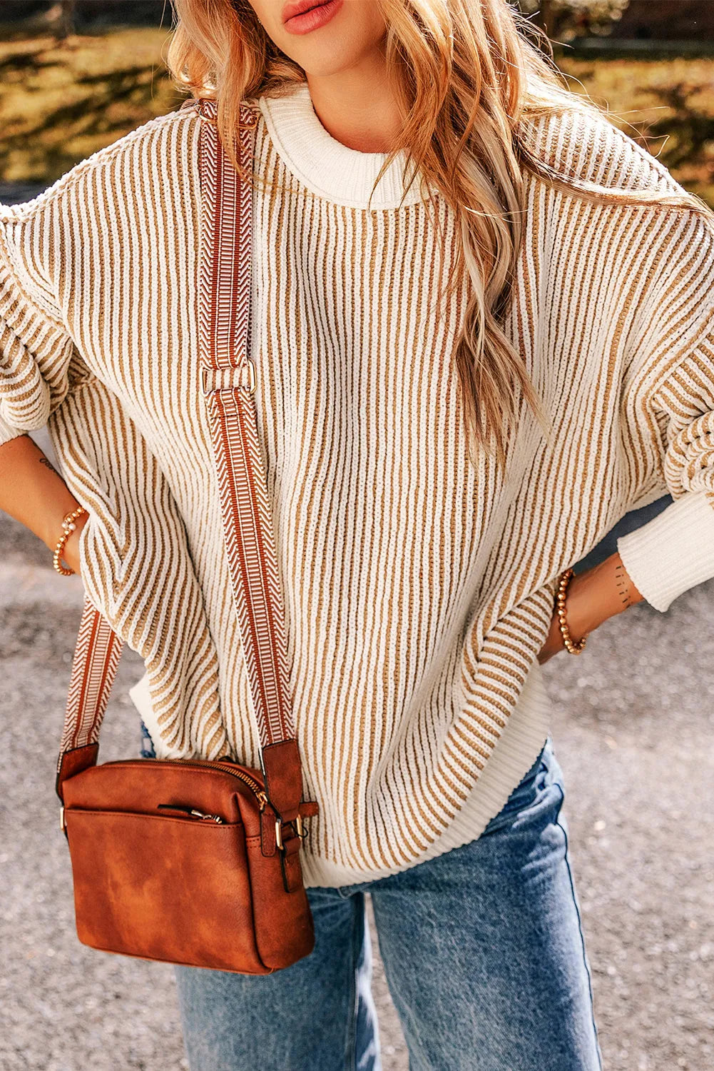 Chestnut Striped Textured Knit Contrast Edge Loose Sweater - Chic Meadow Boutique 