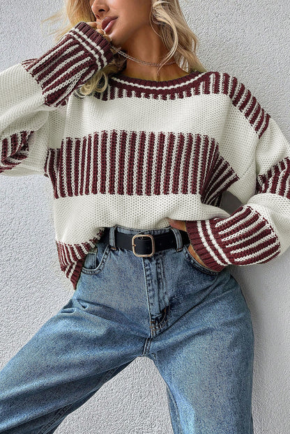 Brown Two Tone Striped Patchwork Drop Shoulder Loose Sweater