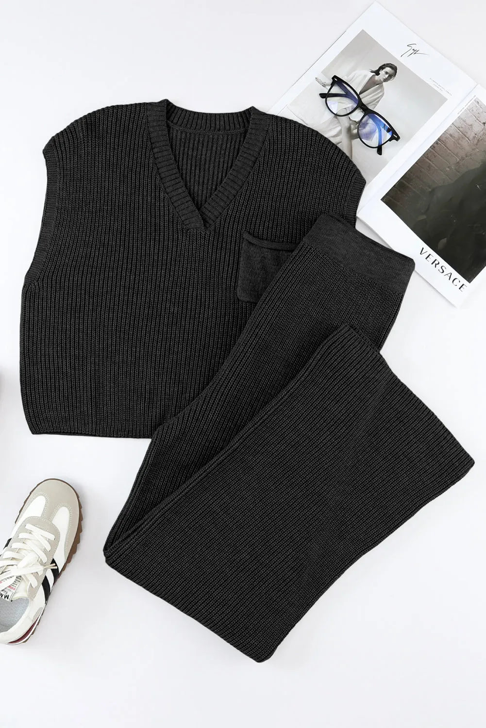 Black Knitted V Neck Sweater and Casual Pants Set - Chic Meadow Boutique 