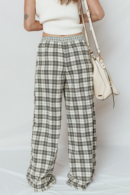 Gray Plaid Wide Leg Casual Pants