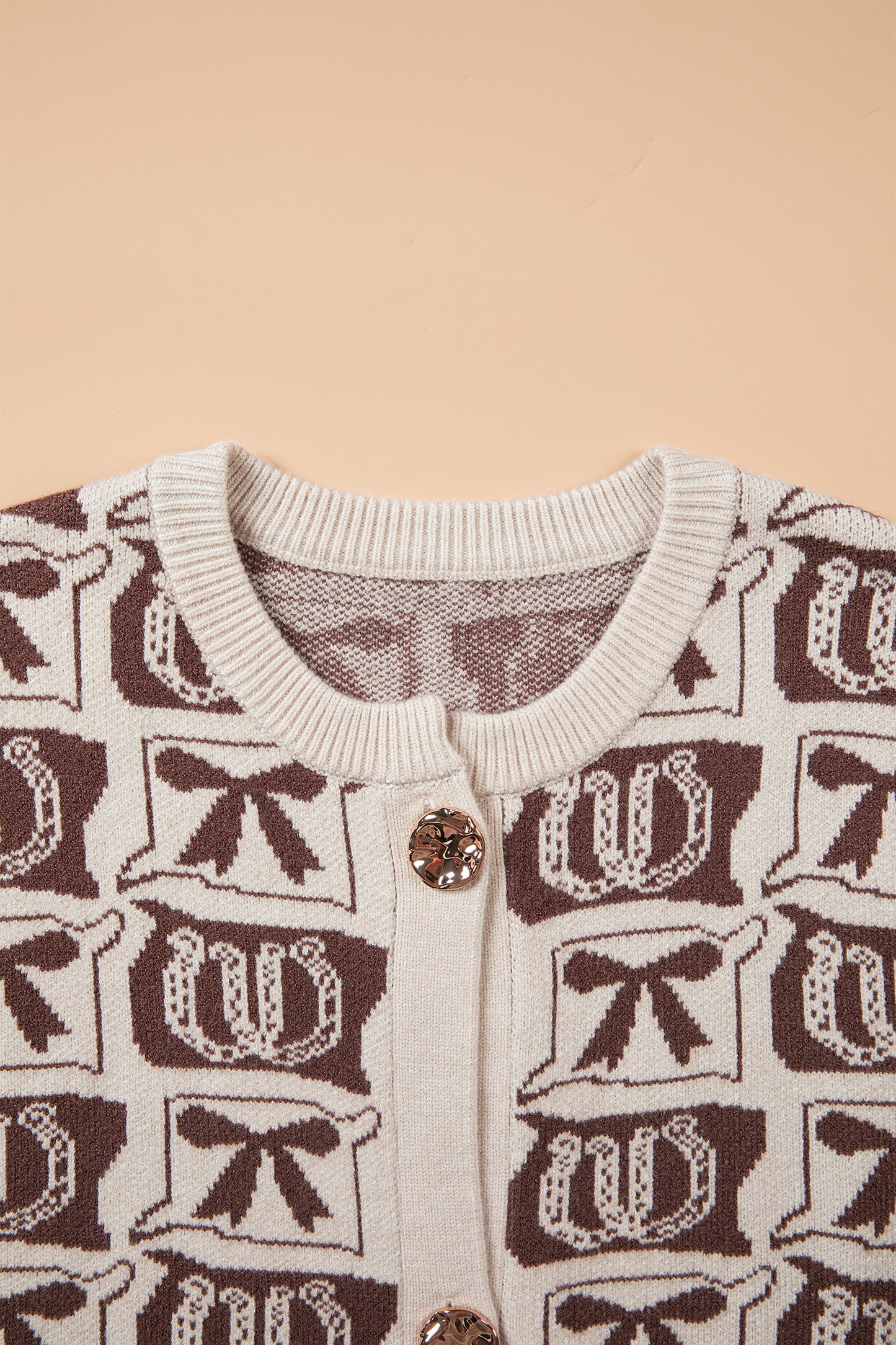 Brown Western Horseshoe Bow Pattern Button Front Sleeveless Knit Sweater